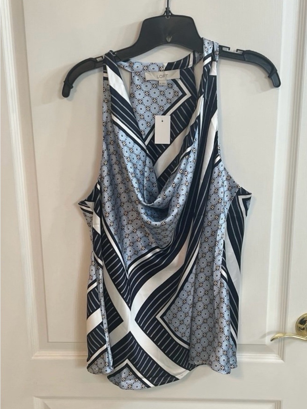 LOFT Navy and White Geometric Cowl Neck Tank